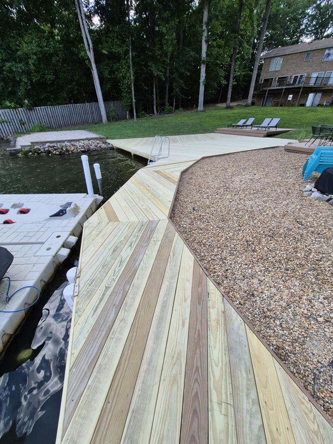 Angled boardwalk with built-in swim ladder